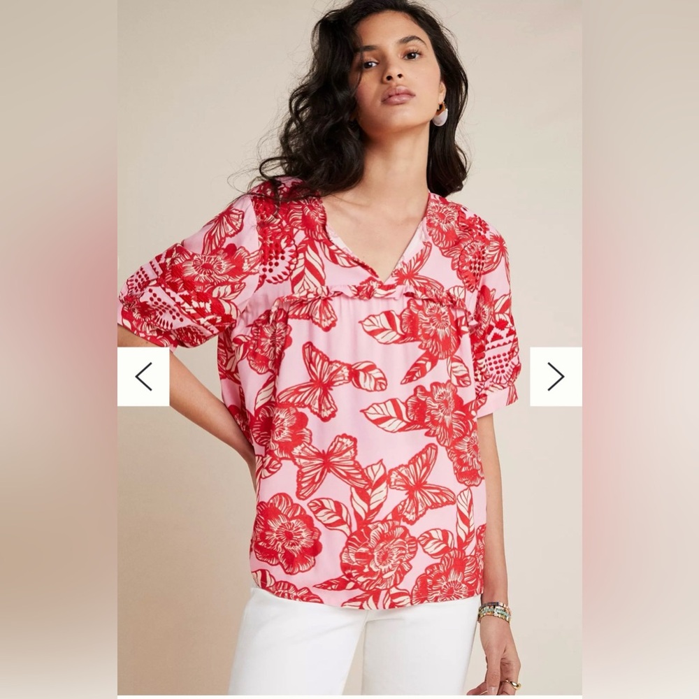 Women's Pink and Red Floral V-Neck Blouse